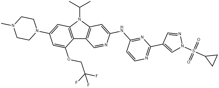 5H-Pyrido[4,3-b]indol-3-amine, N-[2-[1-(cyclopropylsulfonyl)-1H-pyrazol-4-yl]-4-pyrimidinyl]-5-(1-methylethyl)-7-(4-methyl-1-piperazinyl)-9-(2,2,2-trifluoroethoxy)- 结构式